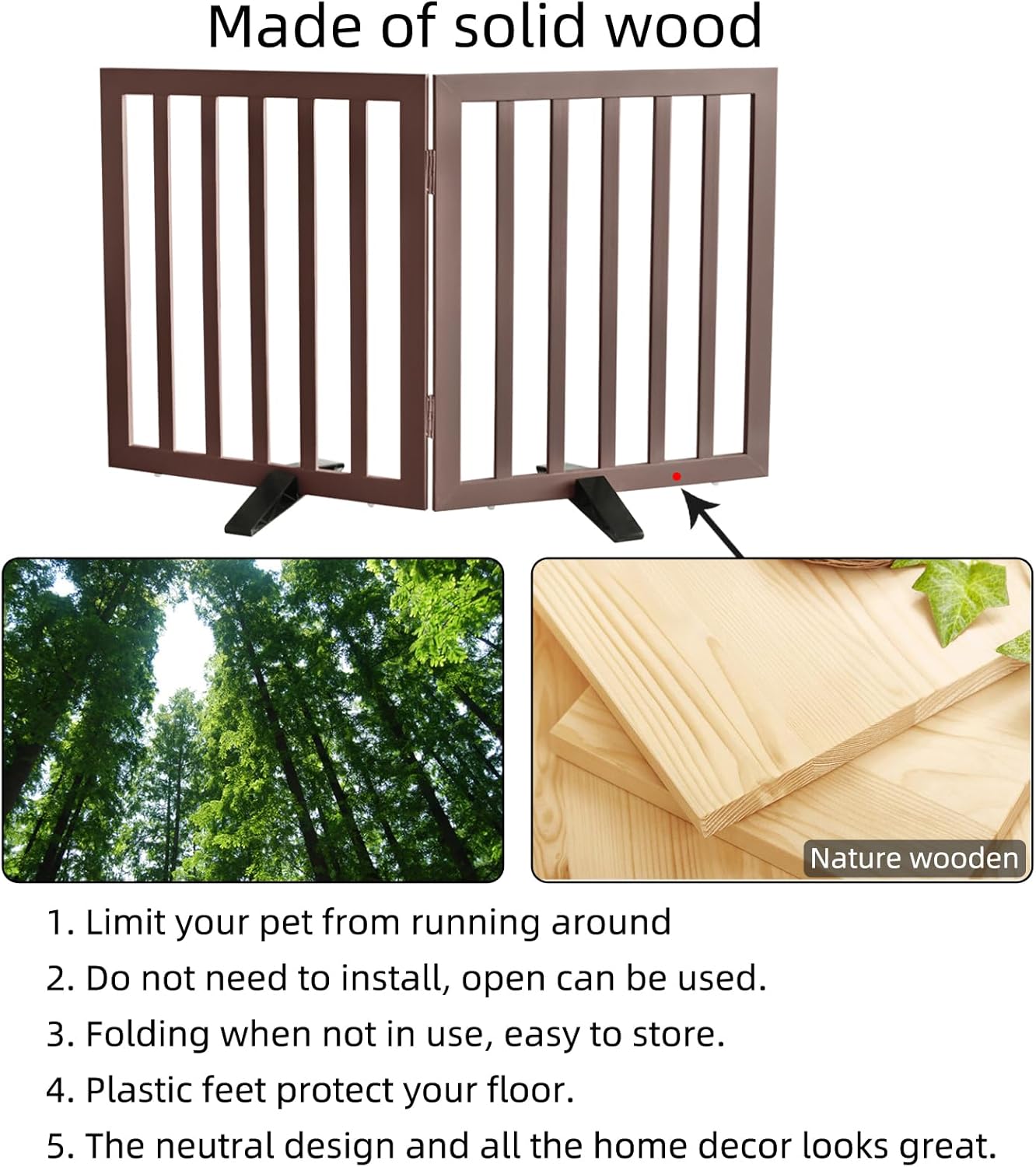 ZJSF Freestanding Indoor Dog Gate for House Foldable Wood Puppy Gate for Doorways Pet Gate for Stairs Extra Wide Pet Fence, Brown, 24" Height 3 Panels