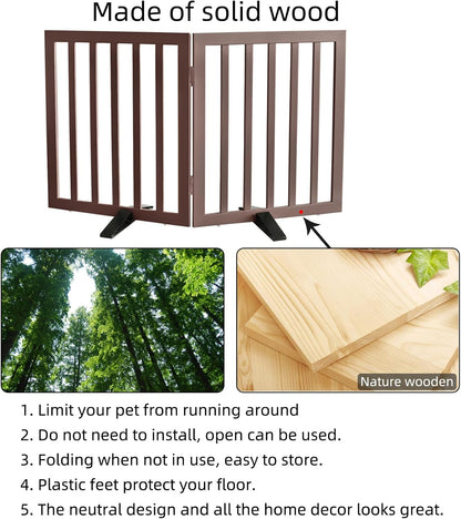 ZJSF Freestanding Indoor Dog Gate for House Foldable Wood Puppy Gate for Doorways Pet Gate for Stairs Extra Wide Pet Fence, Brown, 24" Height 3 Panels