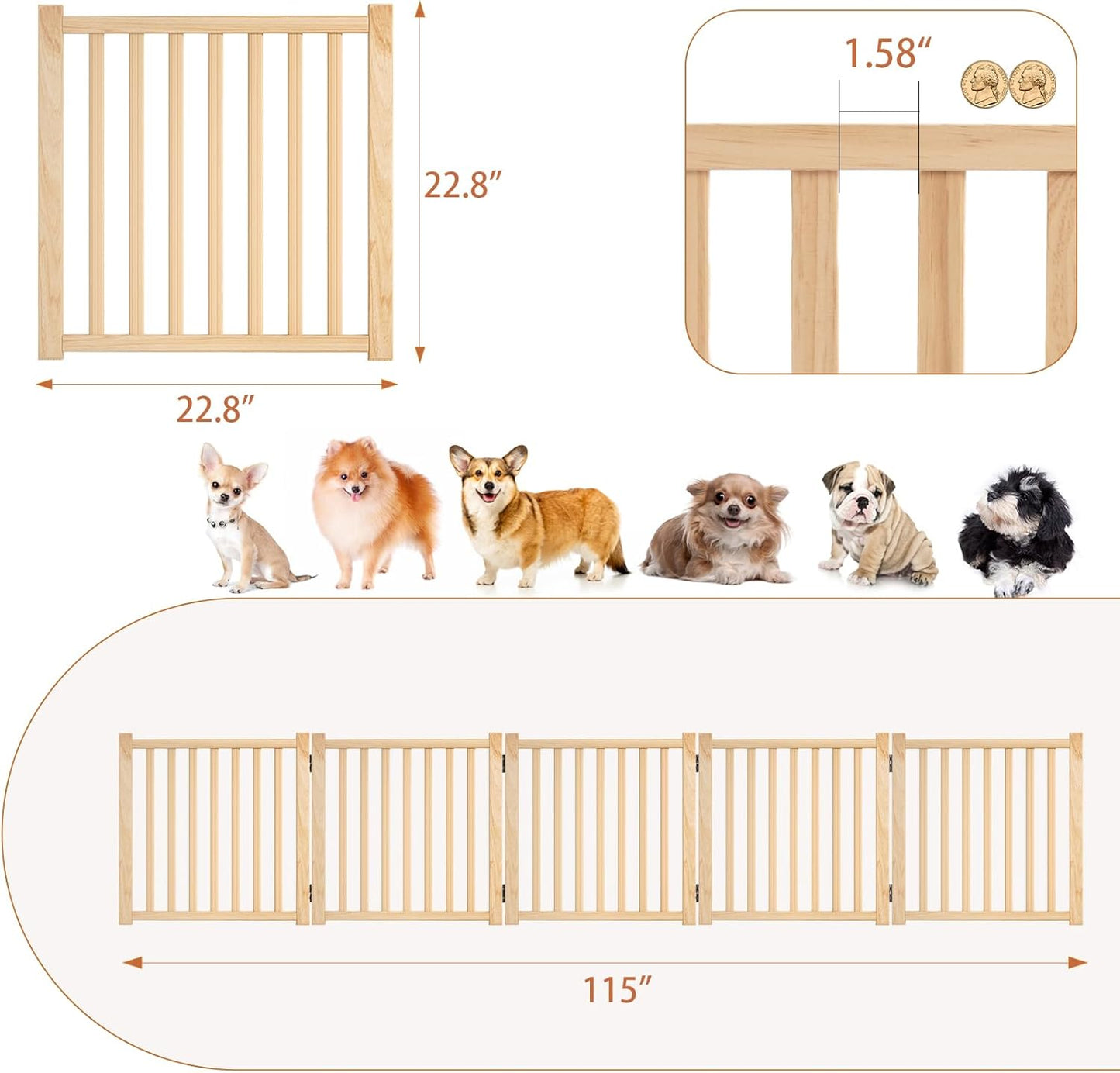YOCAN Non-Painted Wood FreeStanding Pet Gate for Dogs,Wooden Dog Gates for Doorways, Stairs,The House, Dog Fences Indoor Puppy Gate-2 Panel H:23”