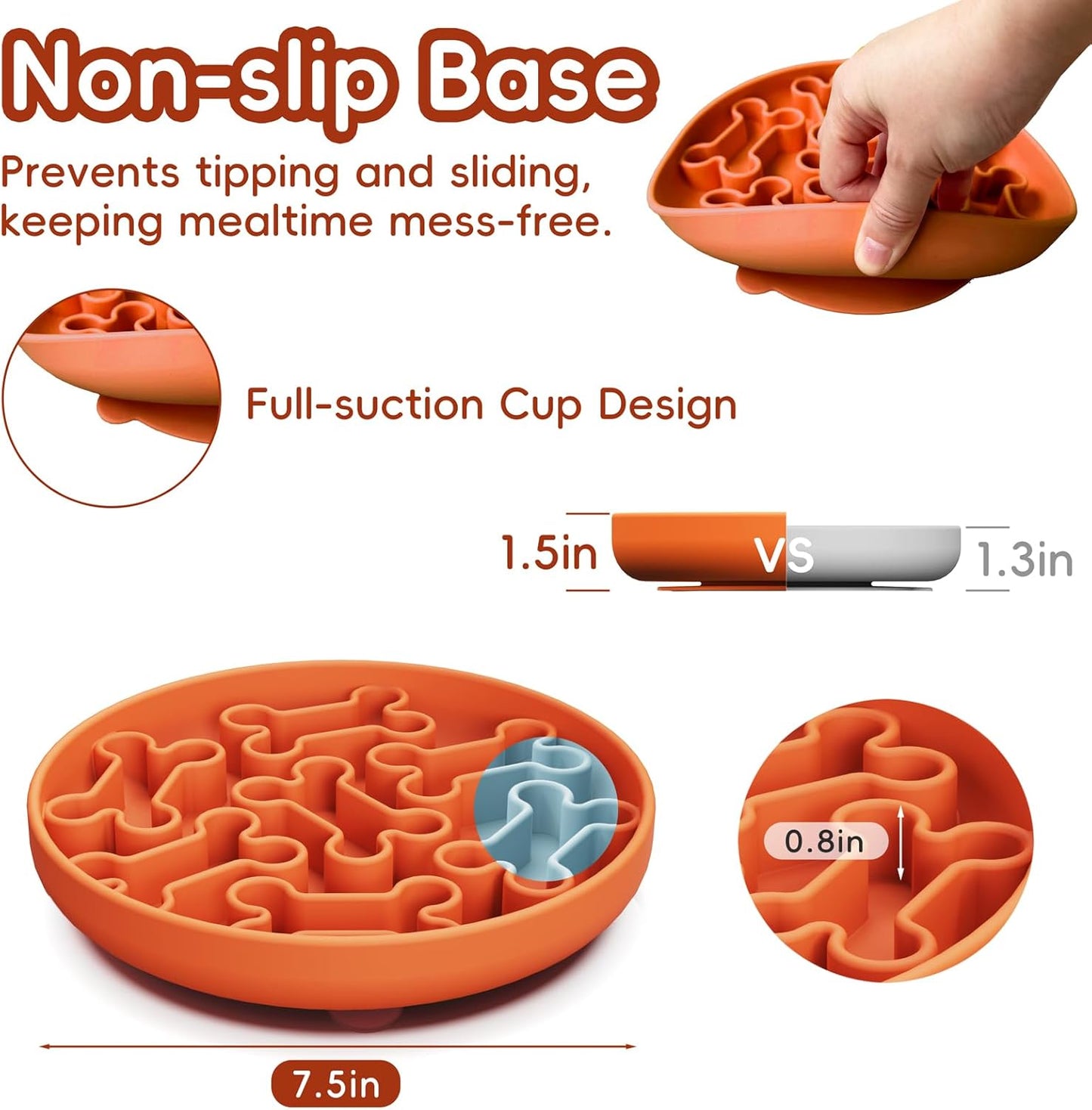Silicone Slow Feeder Dog Bowl – Pink Bone Pattern | Food-Grade Non-Slip Dog Dish for Anti-Bloat, Fast Eating Prevention, 7.5” x 1.5”, Dishwasher Safe