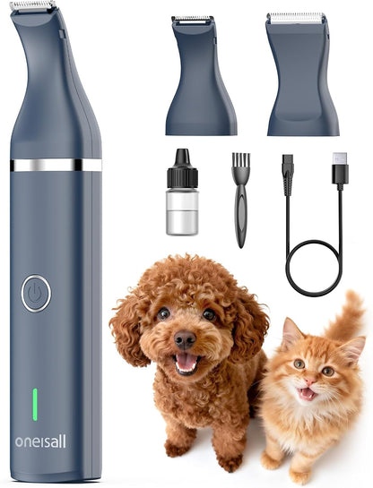 oneisall Dog Clippers with Double Blades,Cordless Small Pet Hair Grooming Trimmer,Low Noise for Trimming Dog's Hair Around Paws, Eyes, Ears, Face, Rump (White)