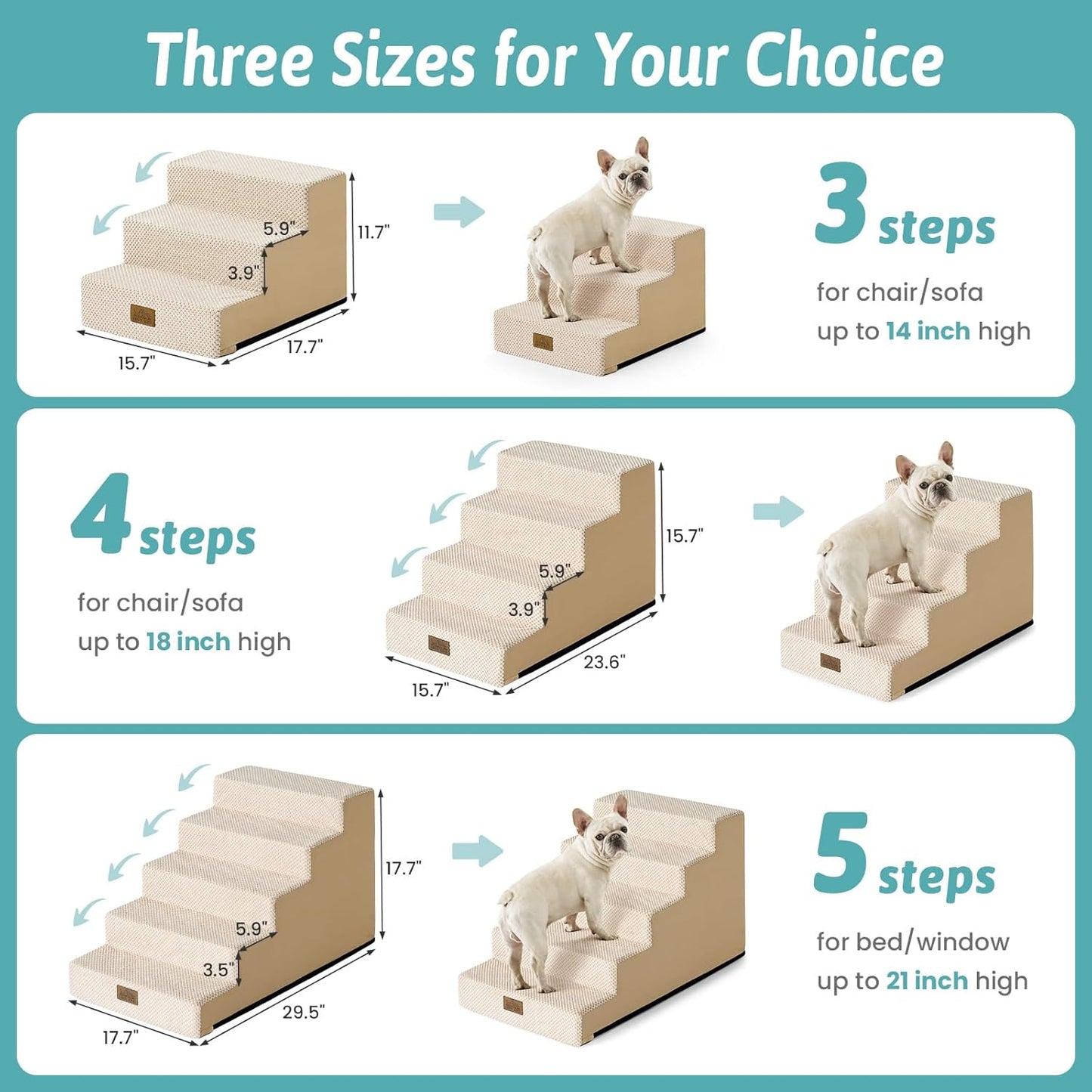 COZY KISS Dog Stairs for Small Dogs, 4 Tier Wider Pet Stairs for Couch and Beds, 17.7" H Non-Slip Dog Steps for Old Cats, Puppy, Small Medium Dogs, 17.7x23.6x17.7 inch, Beige