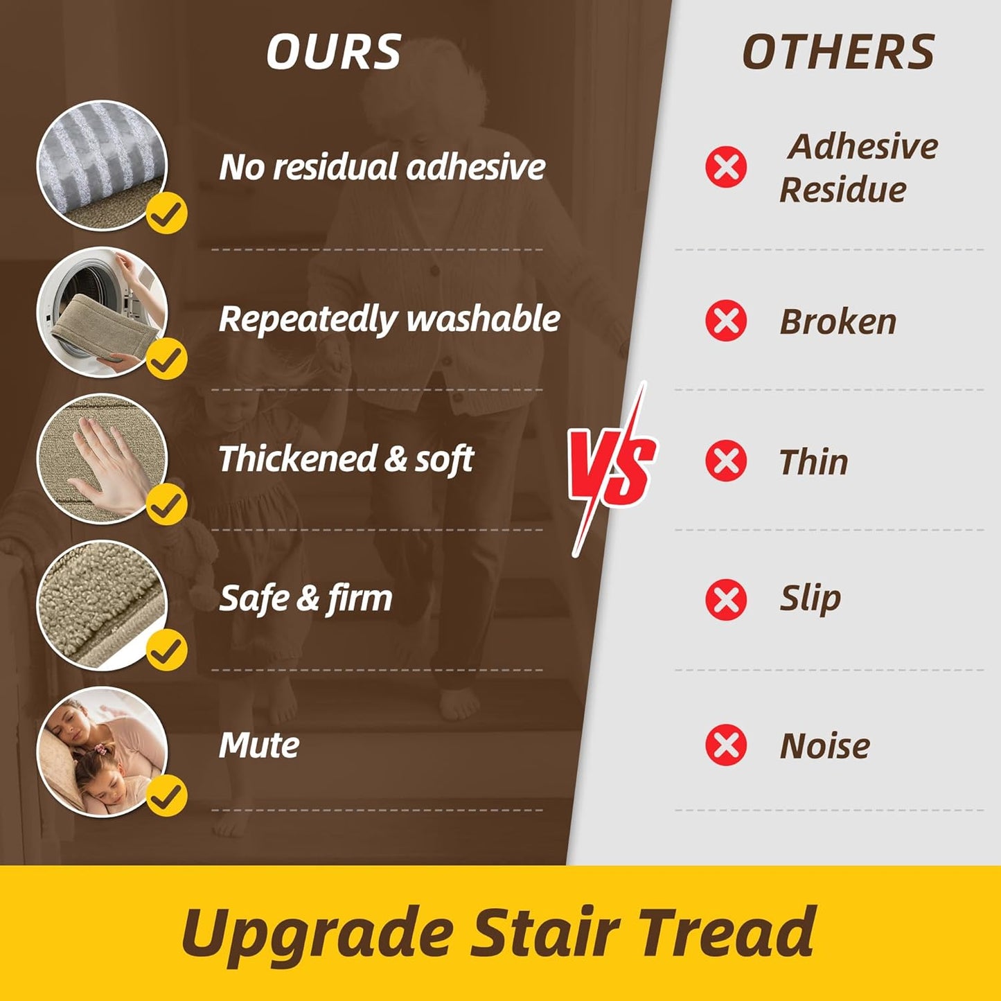 Non-Slip Stair Treads for Wooden Steps Indoor, 15 Pack 8" X 30" Edging Stair Rugs with TPE Backing, Carpet Stair Treads for Kids Elders & Pets, 100% Polyester Soft Stair Runners, Brown