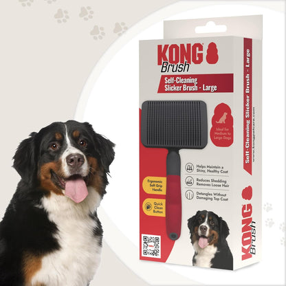 KONG Double-Sided Rake & Deshedding Tool – Detangling & Shedding Control, Rounded Metal Tips, Non-Slip Grip, for Medium to Large Dogs with Medium to Long Coats, Red/Gray