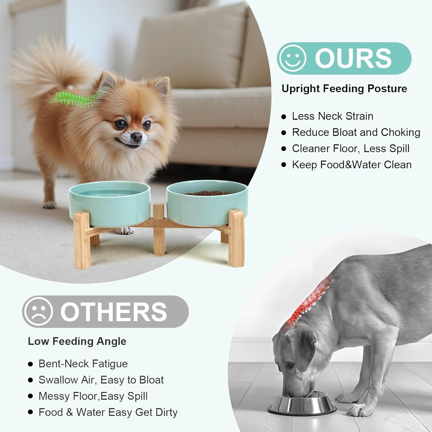 SPUNKYJUNKY Elevated Dog Bowls Ceramic, 6.1'' Dogs and Cat Food Water Bowls Raised with Non-Slip Bamboo Stand for Medium Sized Breed Microwave Dishwasher Safe - 28.7 OZ,Beige