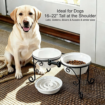 Elevated Dog Bowl Stand with 3 Large Ceramic Bowls – Raised Feeding Station for Medium & Large Dogs, Includes 2 Standard Bowls + 1 Slow Feeder, Durable Iron Frame, Non-Slip (White)
