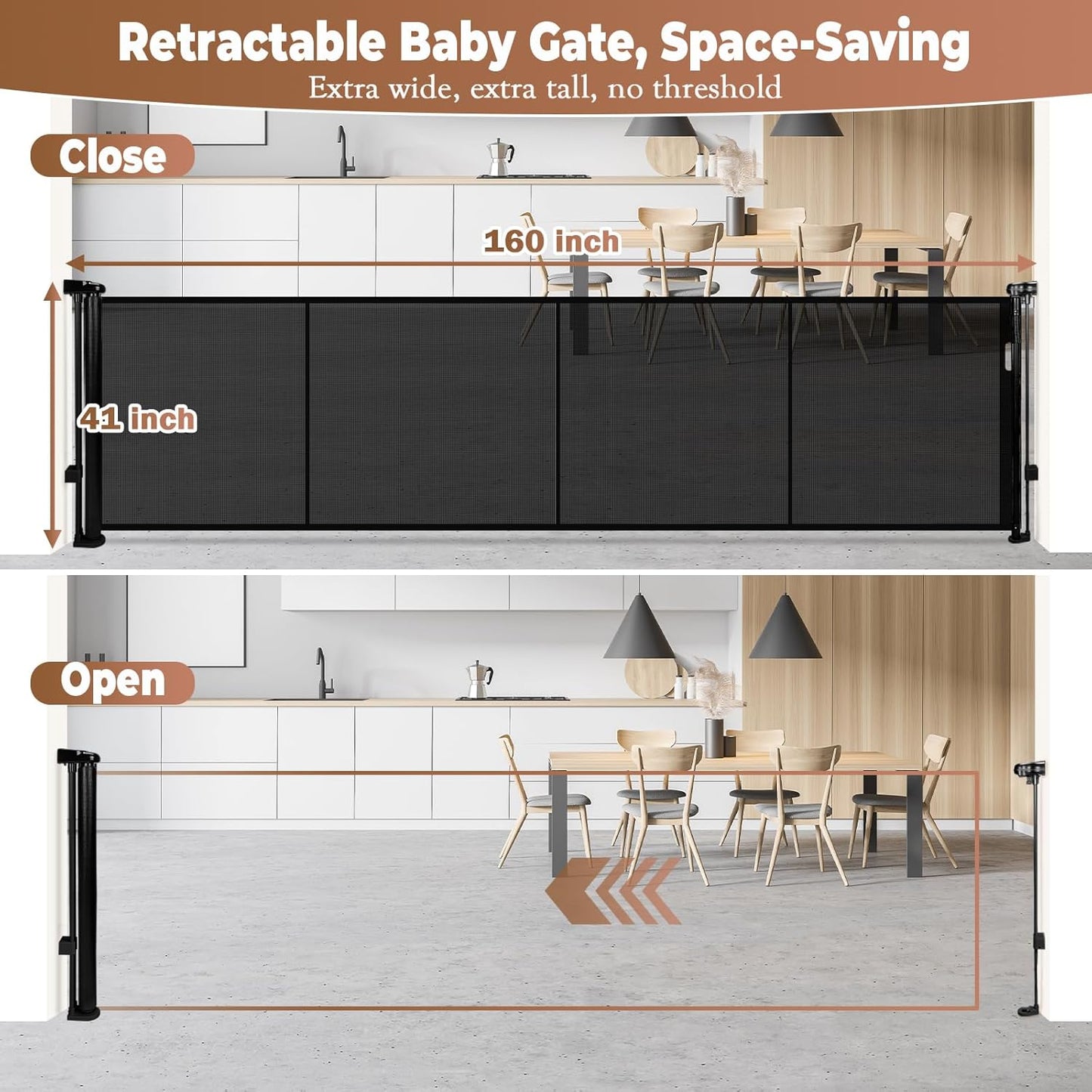 236" Retractable Baby Gate Extra Wide, 41" Tall Retractable Dog Gate for Stairs, Doorways, Decks, Mesh Gate Long Child Gate Pet Gate for Indoor, Outdoor, with Reinforced Mesh Rods, Dual Locks