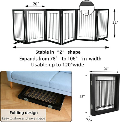 ZJSF Freestanding Dog Gate Indoor, Foldable Dog Fence for Doorways,Hallways or Stairs, Sturdy Wood Extra Wide Pet Gate with Support Feet,Black,24 "Height-3 Panels