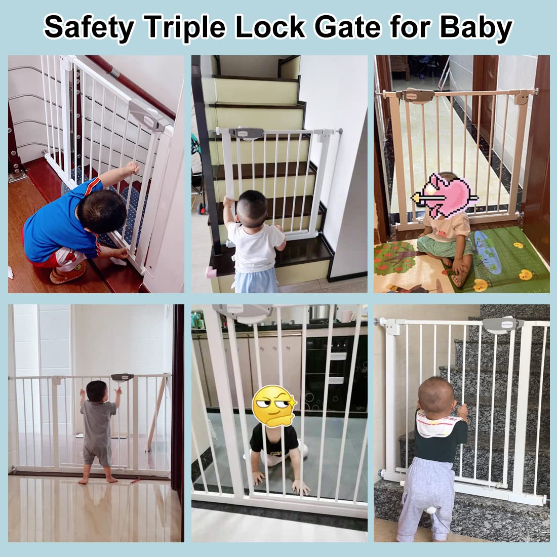 WAOWAO Triple Lock 49.21-66.54" Baby Gate Extra Wide Pressure Mounted Walk Through Swing Auto Close Safety Black Metal Dog Pet Puppy for Stairs,Doorways,Kitchen