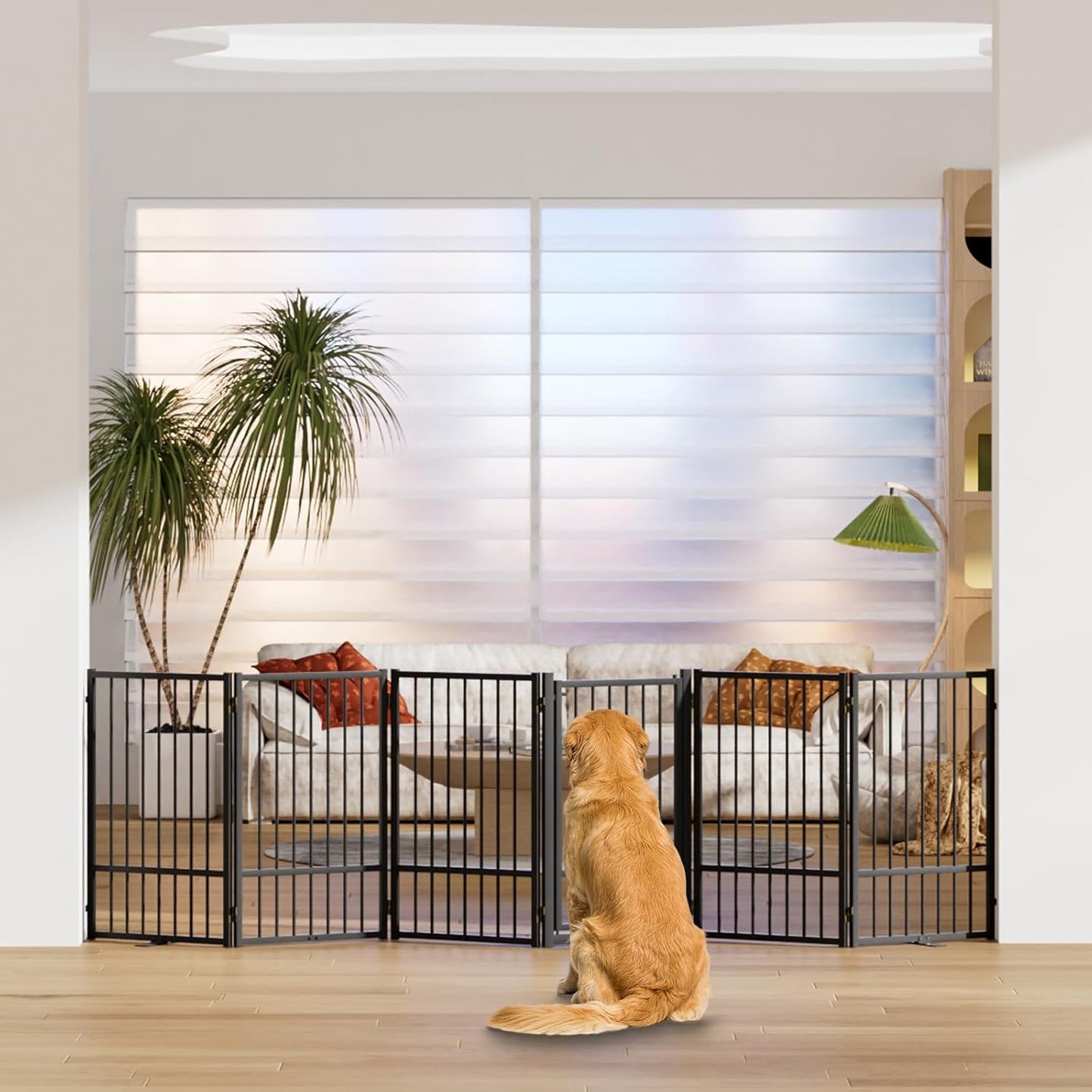 SNUOWU Full Metal Freestanding Dog Gate with Door, 32''Height Foldable Pet Dog Fence for Indoor & Outdoor, 4 Panels Extra Wide Free Standing TallDog Gates for Doorways,House,Stairs,Porch,Deck,Yard