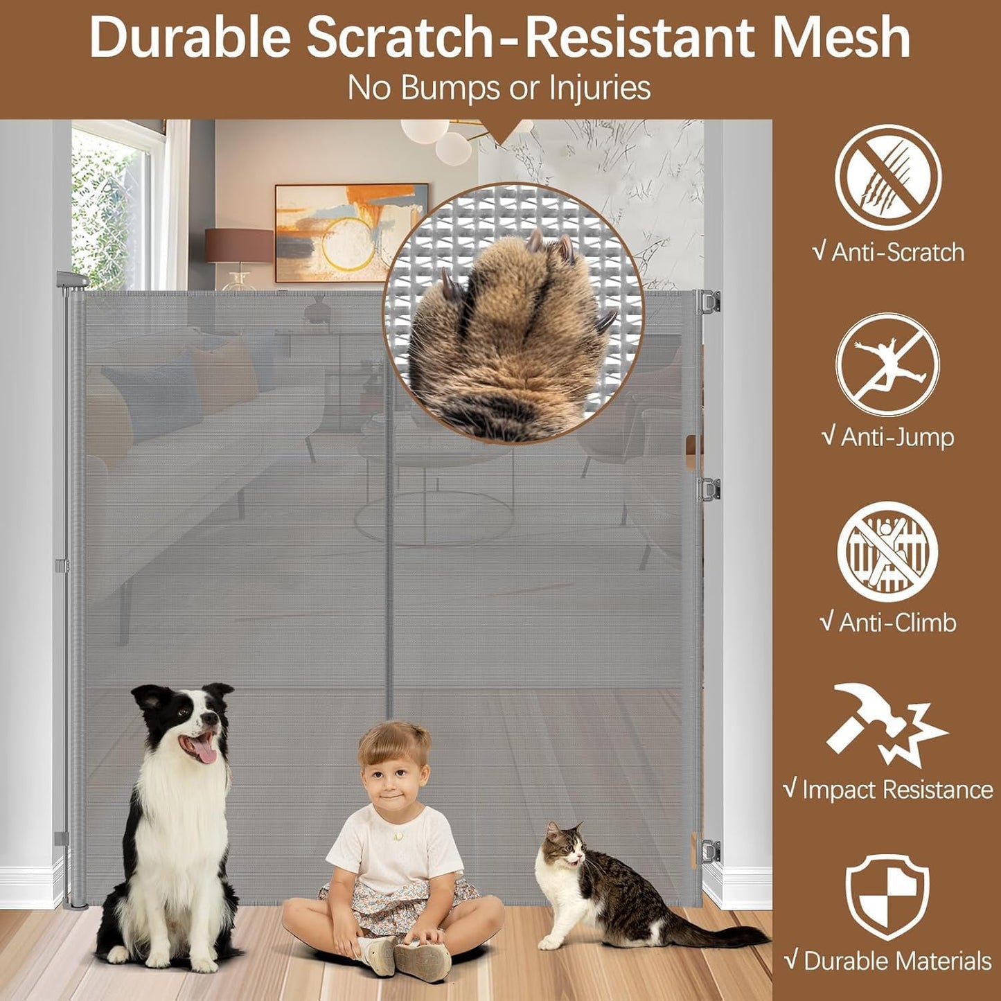 Reinforced 60 Inch Extra Tall Cat Gate Retractable Dog Gate - No Jumping Over/Crawling Under, 55" Wide Retractable Baby Gates for Cats with Reinforced Rods, 5ft Tall Dog Gate Indoor Cat Barrier/Black