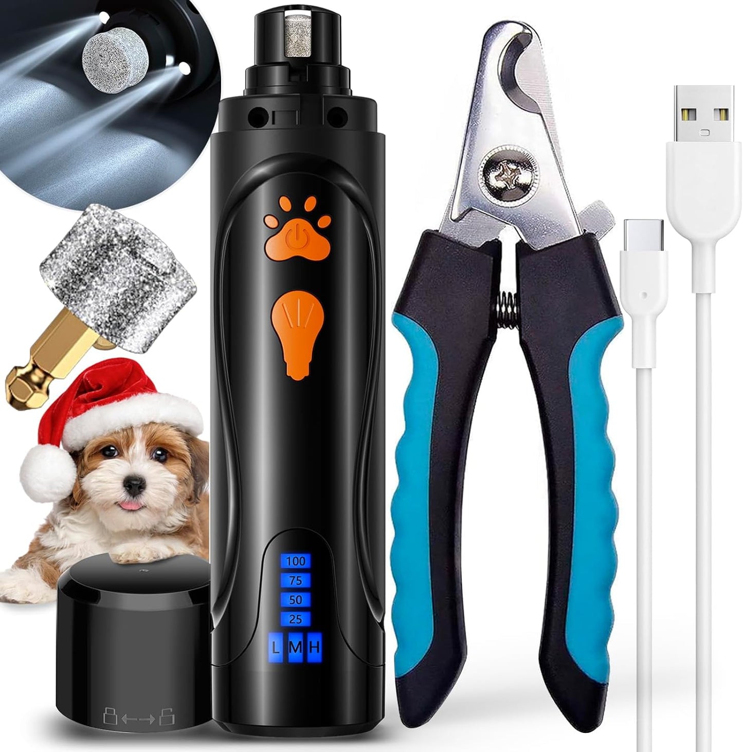 YABIFE Super Quiet Dog Nail Grinder & Clippers Kit with 2 LED Lights, 3 Speeds Up to 12,000 RPM, Lower Than 30dB Electric Pet Nail Trimmer for Small Medium Large Dogs and Cats
