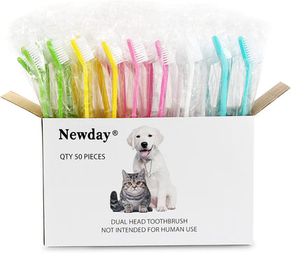 Newday 50 Pack Dual Ended Long Dog & Cat Toothbrush, Pet Safe Super Soft Bristles for Pet Dog Puppy Kitten Dental & Oral Care Teeth & Gums, Pet toothbrushes in Box, Bulk Individual polybag (Colorful)