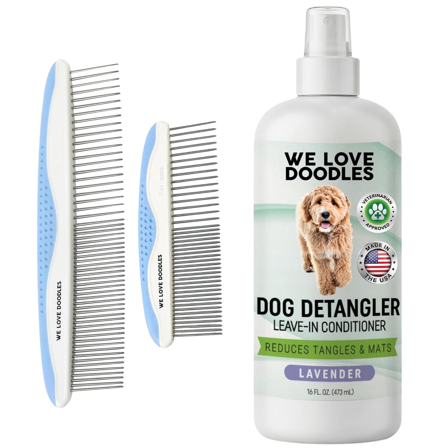 We Love Doodles Dog Comb (2 Packs) & Lavender Detangler Spray 16oz – Pet Grooming Essentials, Stainless Steel Rounded-End Dematting Metal Comb for Dogs, Dog Leave-In Conditioner Spray for Detangling