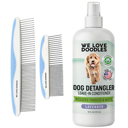 We Love Doodles Dog Comb (2 Packs) & Lavender Detangler Spray 16oz – Pet Grooming Essentials, Stainless Steel Rounded-End Dematting Metal Comb for Dogs, Dog Leave-In Conditioner Spray for Detangling