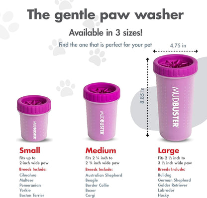 Dexas MudBuster Medium Dog Paw Cleaner in Fuchsia - Fits 1.5"-2.5" Wide Paws, Portable Paw Washer for Muddy Paws, Dog Paw Cleaning Cup with Gentle Silicone Bristles, Quick Clean Pet Paw Washer