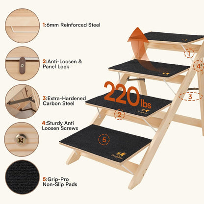 Luciphia Wooden Dog Stairs for Small Dogs 2-in-1 Foldable Dog Steps for Beds Cars Couch Anti-Slip Pet Ramp with 3 Steps Indoor Pet Stairs for Medium Large Older Pets Cats up to 220lbs