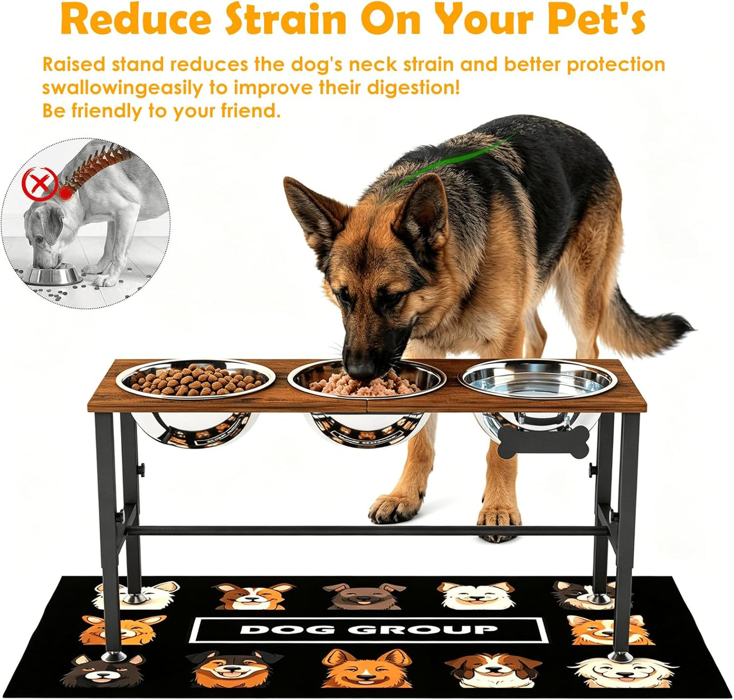 ADENGL Metal Raised Dog Bowl, 10" Tall Elevate Dog Feeder Stand with 2 Stainless Steel 42oz Bowls & 16x24 Non-Slip Mat – Stronger Dogs Food & Water Bowl Stand (Black)