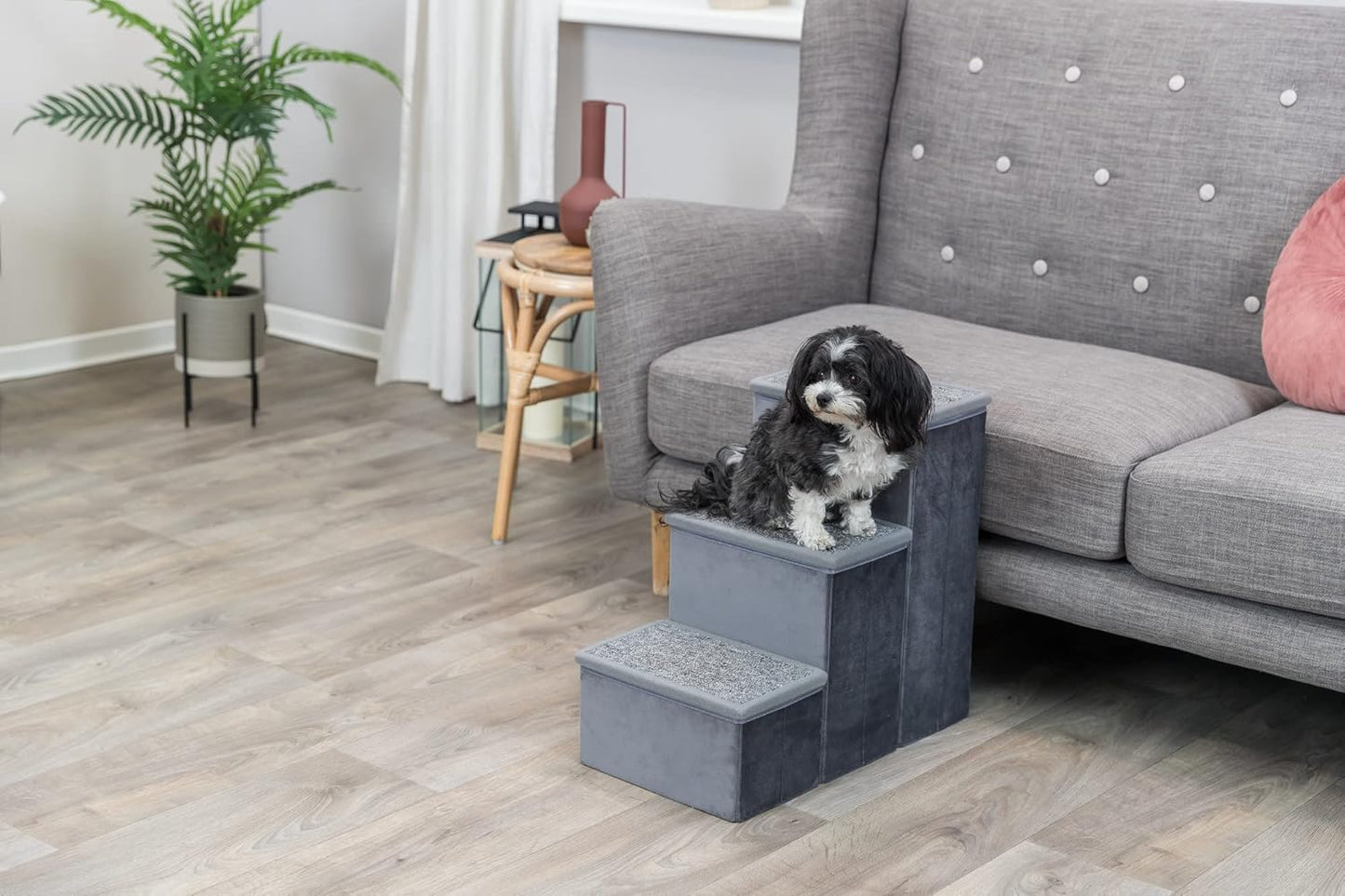 Trixie Velour Dog Stairs with Tread Steps - 4 Step Pet Stairs for Beds and Couches - Foldable with Additional Storage Space - Gray