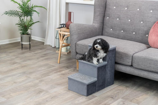 Trixie Velour Dog Stairs with Tread Steps - 4 Step Pet Stairs for Beds and Couches - Foldable with Additional Storage Space - Gray
