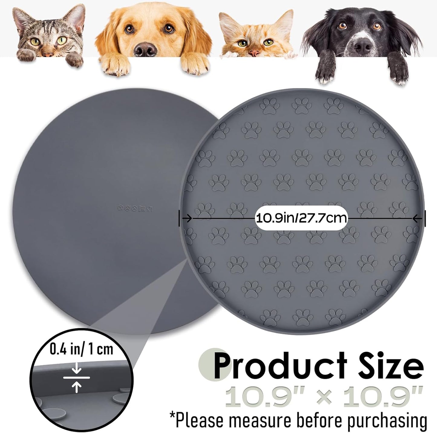 Pet Feeding Mats for Food and Water, Waterproof Anti-Slip Placemats for Dog Cat Bowl, 1 Pack Silicone Pet Food Mat, Dishwasher Safe 10.9 × 10.9 (1 Pack, Black)