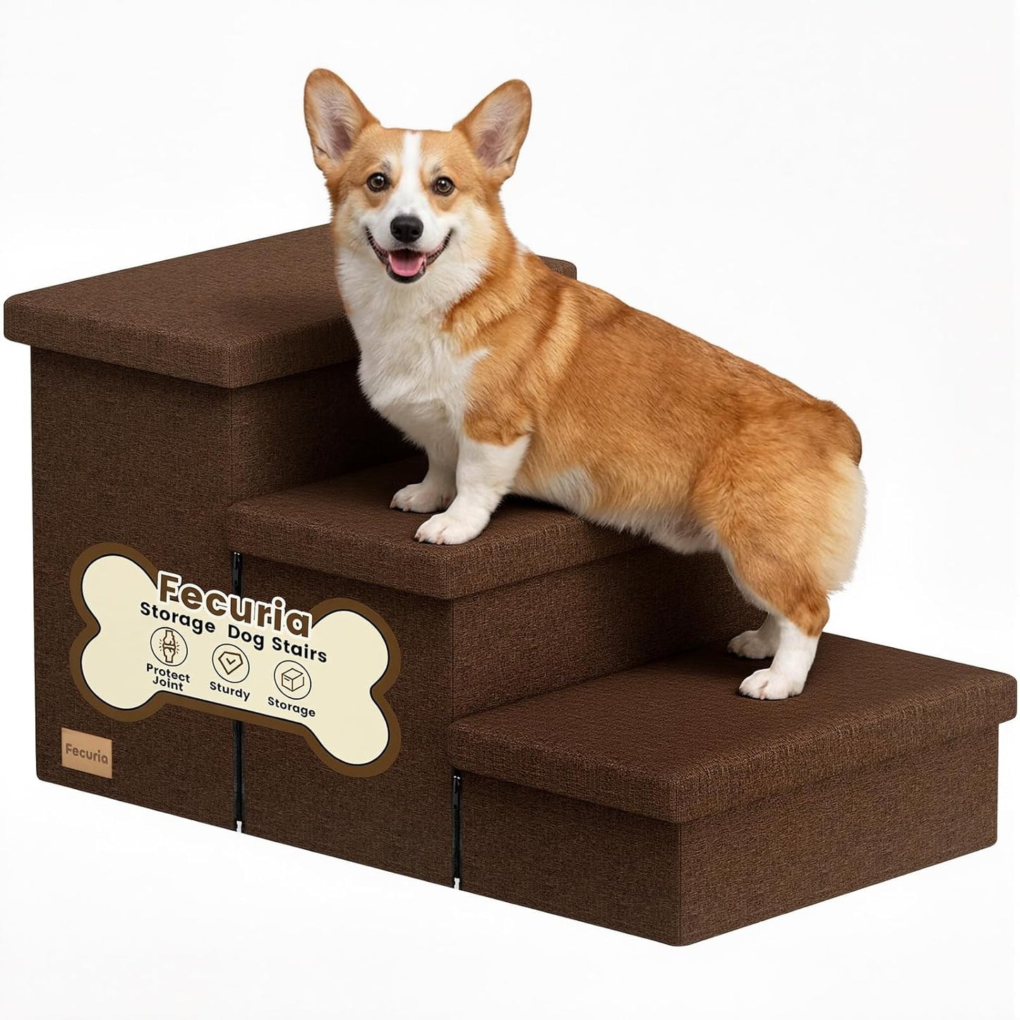 3-Step Wide Dog Stairs with Hidden Storage 18" H, Non-Slip Dog Steps for High Bed Couch Window Car, Jiont-Friendly Pet Stairs Ramp for Small/Medium/Large Old Dogs Cats Up to 200lbs, Grey