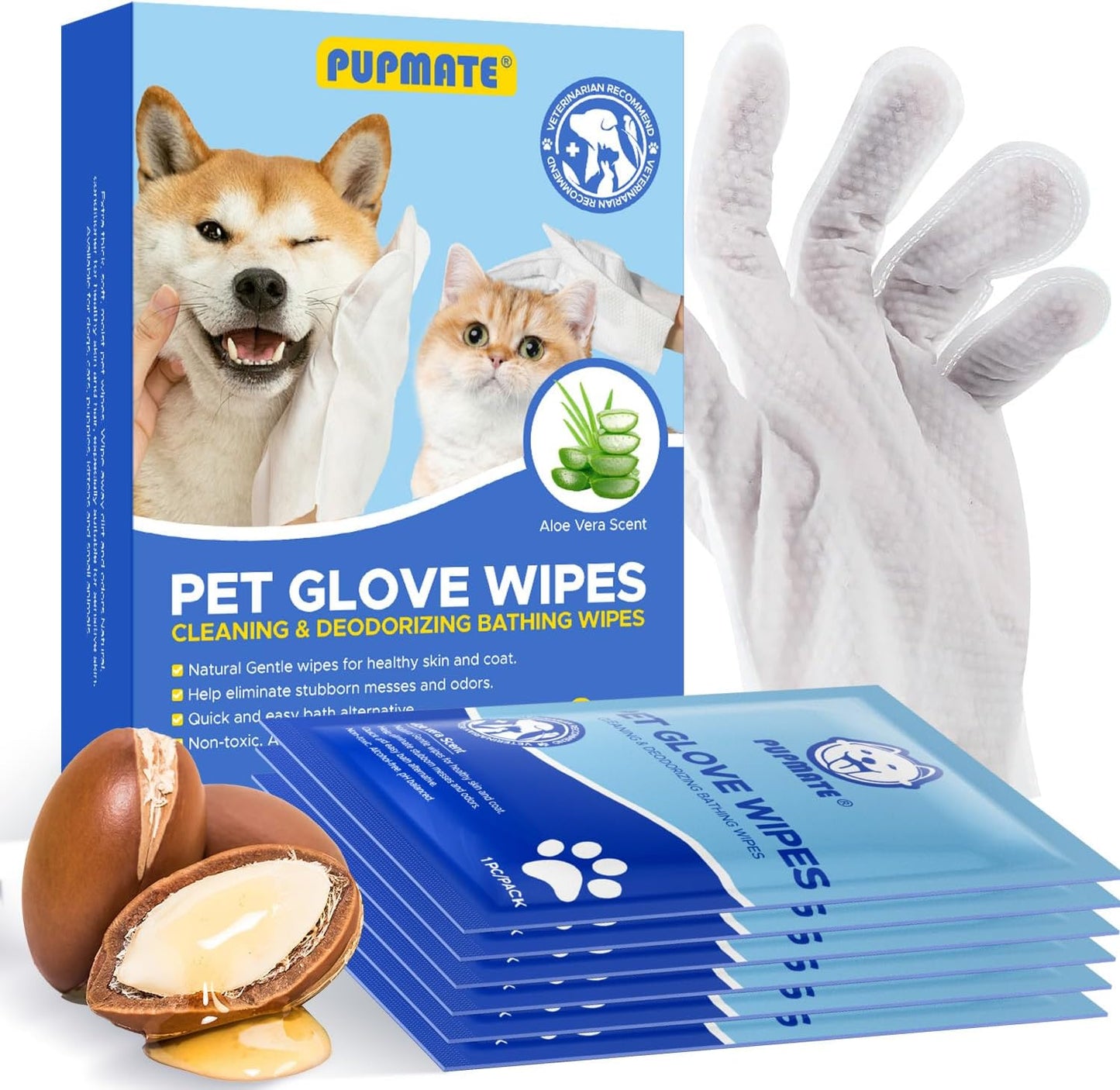 Pet Cleaning Glove Wipes for Dogs & Cats, Hypoallergenic Deodorizing Disposable Bathing Wipes,No-Rinse Grooming Wipes, Extra Thick,Perfect for Pet Dry Cleaning,Daily Care and Travel,24 pcs