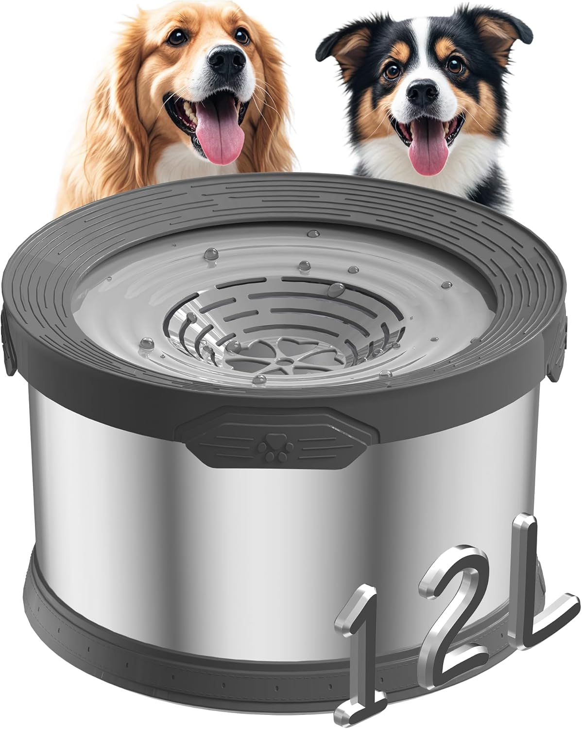 6.5L Dog Water Bowl No Spill 1.6 Gallon Stainless Steel Water Bowl for Dogs 220oz Large Capacity No Splash Slow Drinking Feeder with Anti-Slip Mat for Messy Drinkers 6.5L+2 Filters