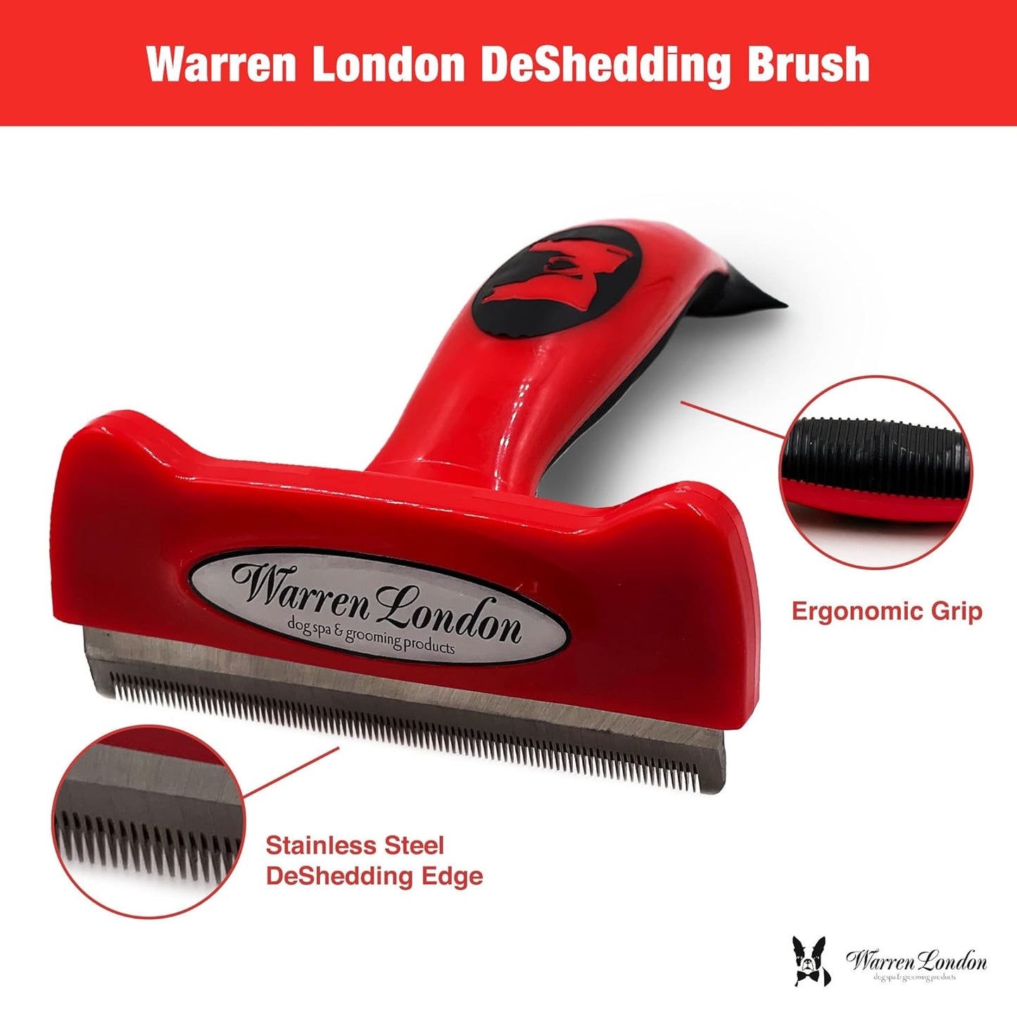 Warren London Deshedding Brush for Dogs – Small Long-Hair | Stainless-Steel Undercoat Rake Reduces Shedding Up to 95% | Gentle Skin-Safe Comb, Quick-Clean Release, Non-Slip Ergonomic Grip