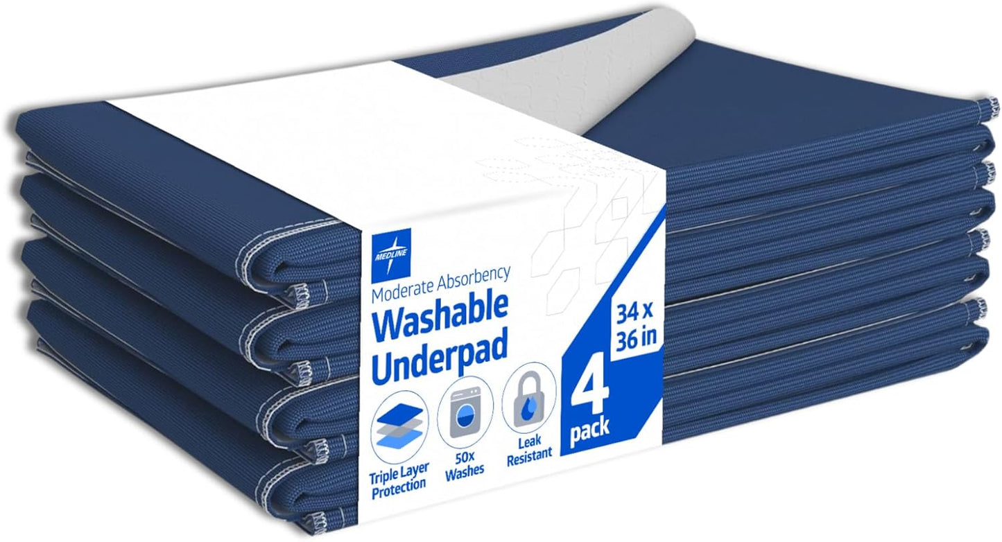 Medline Sofnit 300, Pack of 4 Large Washable Blue Underpads, 34”x 48” for use as reusable pet pads, reusable bed pads, great for dogs, cats and bunnies