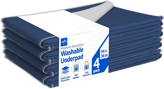 Medline Sofnit 300, Pack of 4 Large Washable Blue Underpads, 34”x 48” for use as reusable pet pads, reusable bed pads, great for dogs, cats and bunnies
