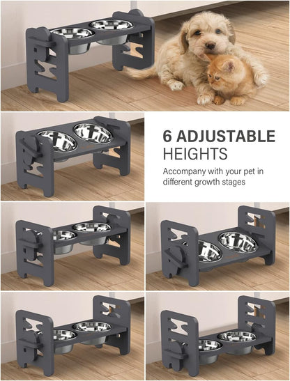 Vantic Elevated Dog Bowls, Adjustable Raised Dog Bowl Stand for Small Puppy and Cats, Sturdy Bamboo Pet Food Feeder with 2 Stainless Steel Dishes, Natural