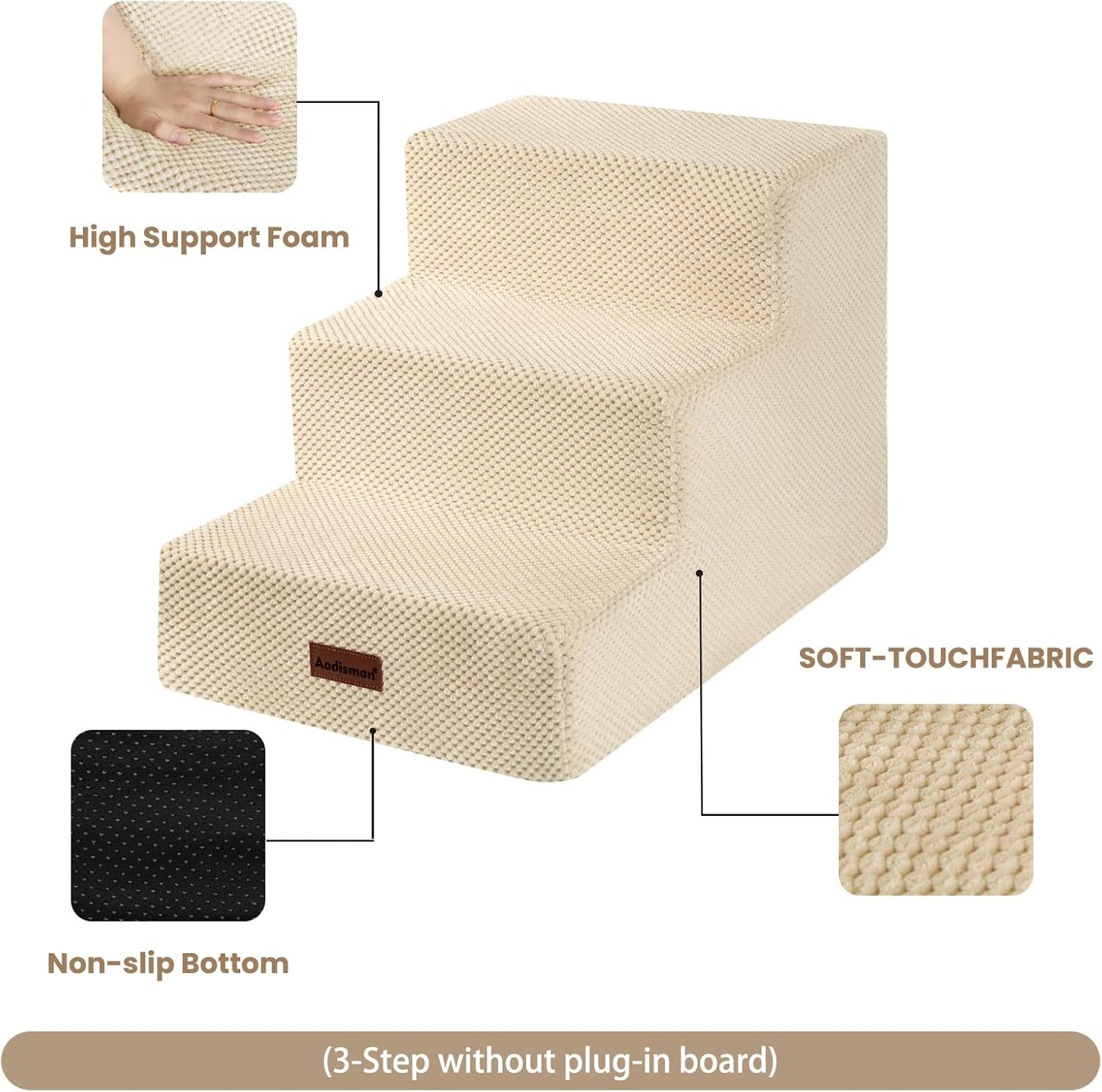 Aodisman Dog Stairs for Small Dogs, 3-Step Non-Slip Pet Stairs for Couch Sofa and Chair, Dog Bed Stairs for Puppy, Older Cat,Grey,13.6" H