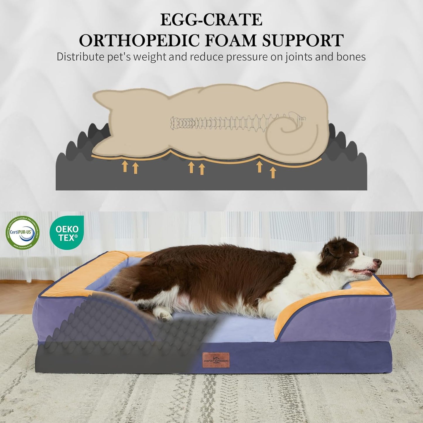 Comfort Expression Orthopedic Dog Bed for Extra Large Dogs 42x30 Inch, Waterproof Egg Crate Foam XL Pet Bed with Removable Bolsters, Dog Couch with Washable Cover & Non-Slip Bottom, Grey - Colors A