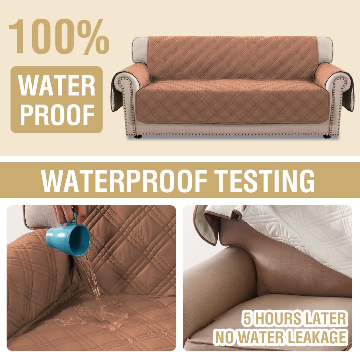 H.VERSAILTEX 100% Waterproof Slipcovers for Couches and Sofas Modern Pet Couch Cover Thick Soft Furniture Protector with Elastic Straps(Sofa, Lily Pad/Beige)