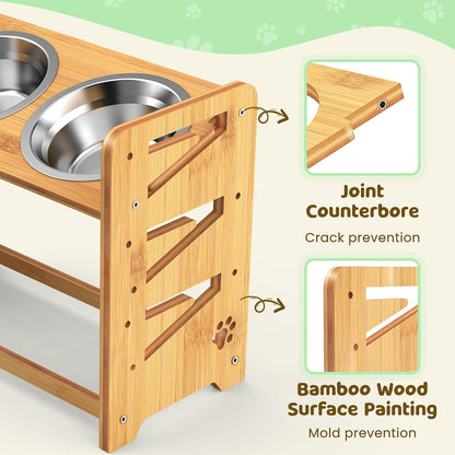 Elevated Dog Bowls, Adjustable Raised Dog Bowl Stand for Medium and Small Dog, 11" High Bamboo Pet Food Feeder with 2 Stainless Steel Dishes（4 Heights）