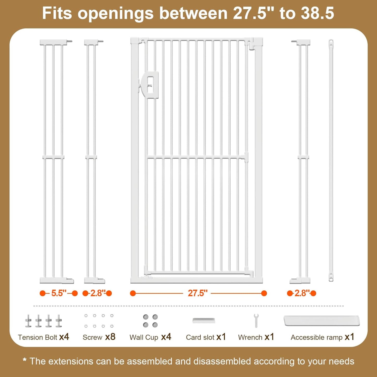 Jekriuet 57" Extra Tall Pet Gate, Auto Close Dog Door Pressure Mounted No Drilling for Doorways, Hallways, Stairs, Expandable 27.5"-38.5" Wide, Narrow 1.18" Spacing for Small Dogs & Puppies, Black