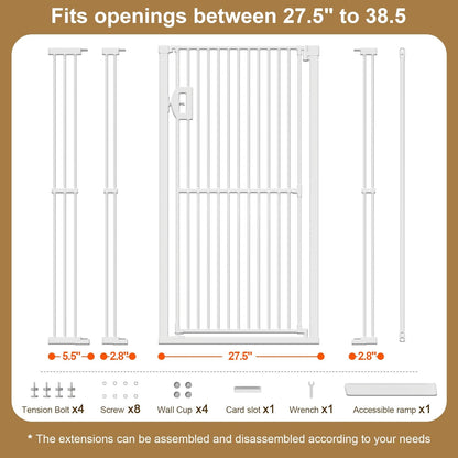 Jekriuet 57" Extra Tall Pet Gate, Auto Close Dog Door Pressure Mounted No Drilling for Doorways, Hallways, Stairs, Expandable 27.5"-38.5" Wide, Narrow 1.18" Spacing for Small Dogs & Puppies, Black