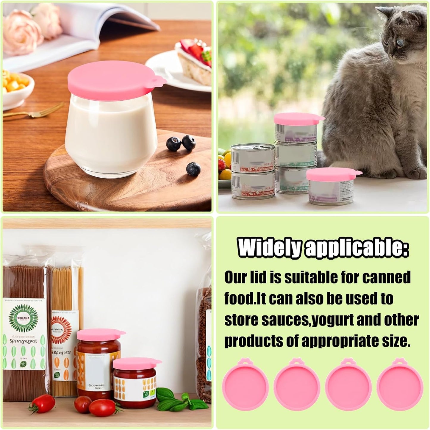 PINE & LINEN 4 Pcs 2.5inch Durable Pet Can Lids, Silicone Small Pet Can Covers Waterproof Cat Food Cans Lids for 3 oz Cat Food Cans（Yellow+Red+Pink+Blue）