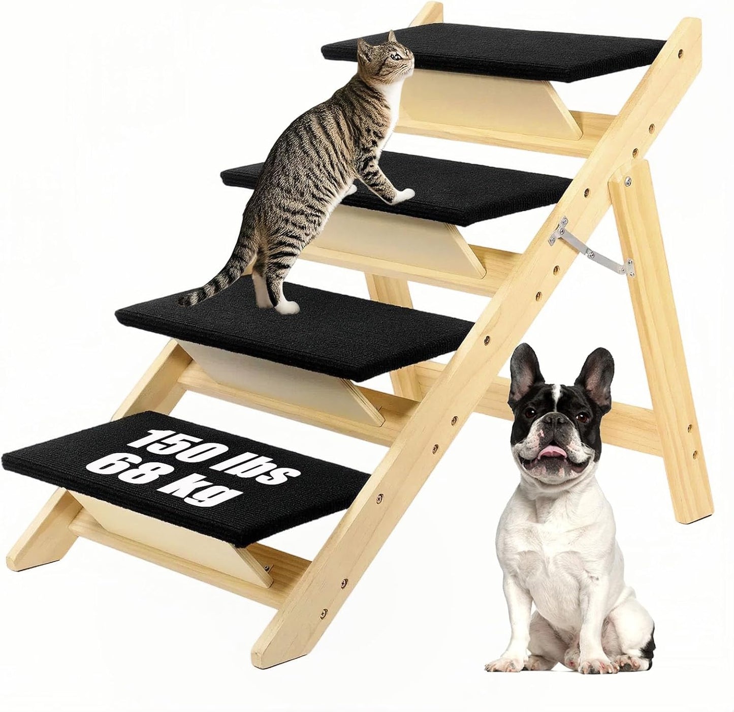 Foldable Dog Stairs/Ramp with 2 Steps - Durable Wooden Pet Stairs for Small, Medium, Large Dogs - Black (No Assembly Required)