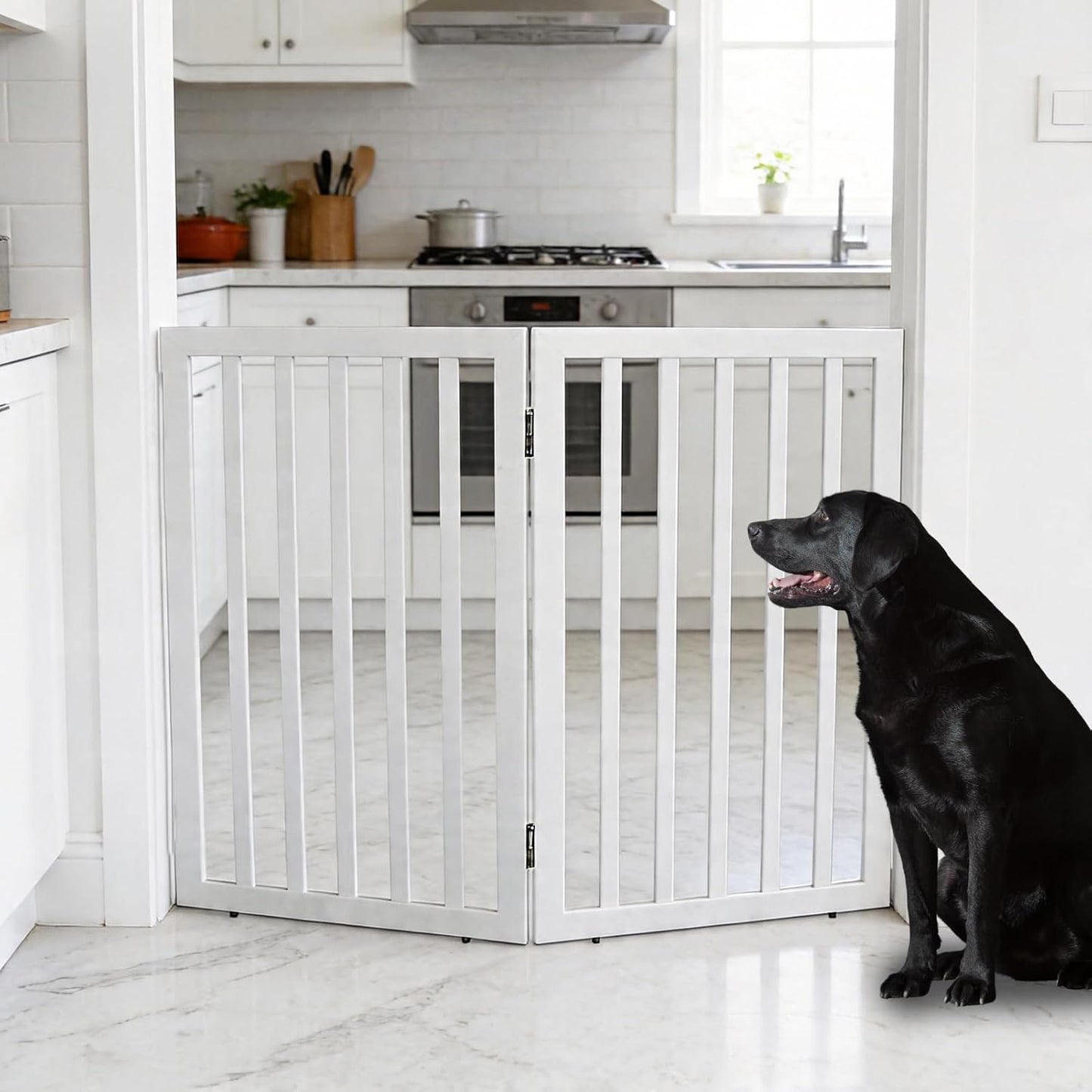 Dog Gate Indoor, Freestanding Dog Fence for The House, Doorways, Hallways,or Stairs,Pet Gate Foldable Wooden,Expandable 24" Height 3 Panels,White