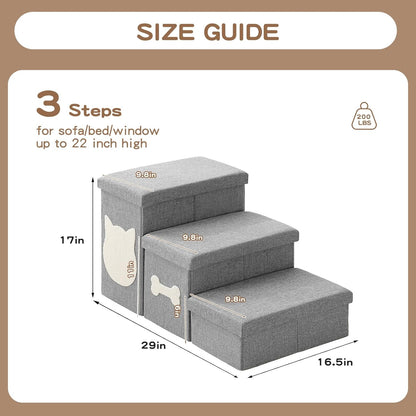 Wider Dog Steps for Bed 17" H, Foldable Dog Stairs with Storage, Non-Slip Pet Steps for Small Medium Large Dogs, Arthritis-Friendly Pet Stairs for Couch and Car Up to 200 lbs, Grey, 3 Steps