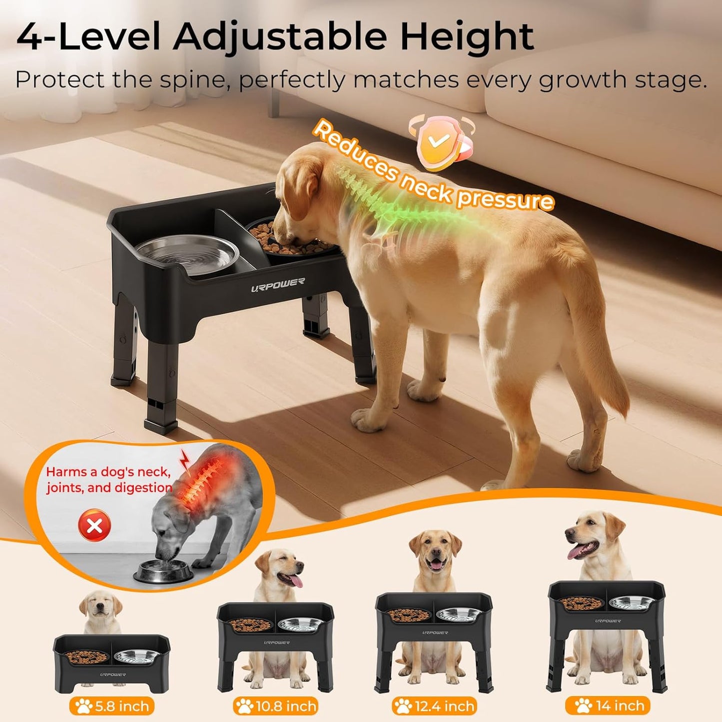 URPOWER 3-in-1 Elevated Dog Bowls - Mess Proof Double Deck 4 Height Adjustable Raised Stand with 2 Stainless Steel Food Bowls & Licking Plate for Small, Medium & Large Dogs