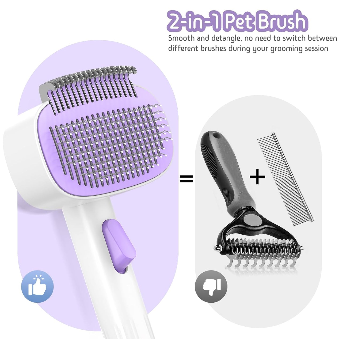 Dog & Cat Brush for Shedding, Self Cleaning Deshedding Brush with Adjustable Bristle Length & Dematting Comb, Skin Friendly Grooming Tool for Long & Medium-Long Hair Pets