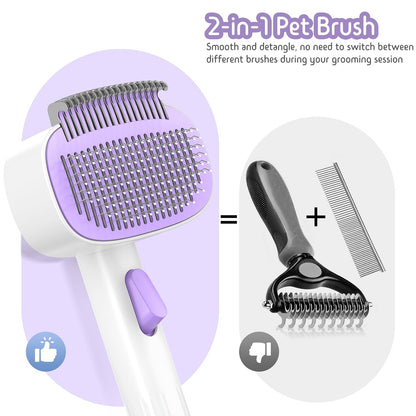 Dog & Cat Brush for Shedding, Self Cleaning Deshedding Brush with Adjustable Bristle Length & Dematting Comb, Skin Friendly Grooming Tool for Long & Medium-Long Hair Pets