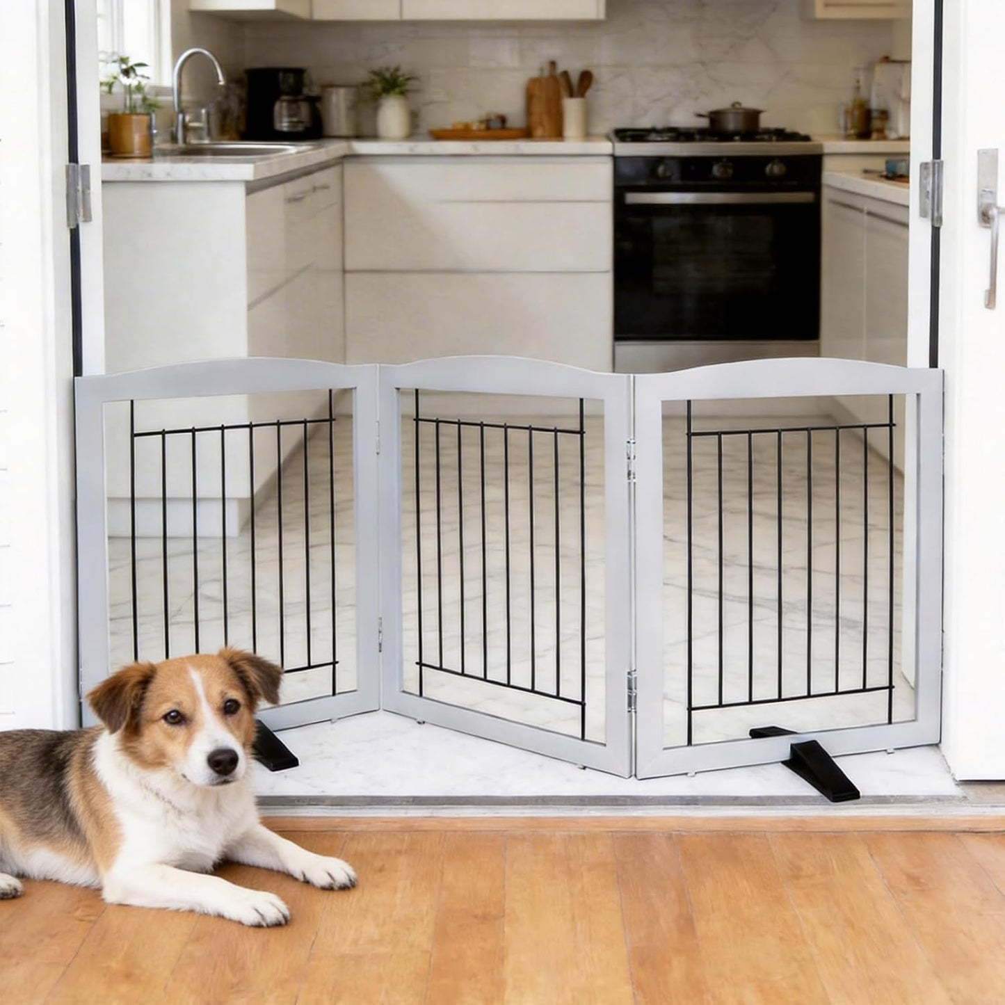 ZJSF Freestanding Dog Fence Indoor, Foldable Dog Gate for Doorways, Stairs or Hallways, Sturdy Wood Extra Wide Pet Gate with Support Feet for The House, White, 24 "Height-3 Panels