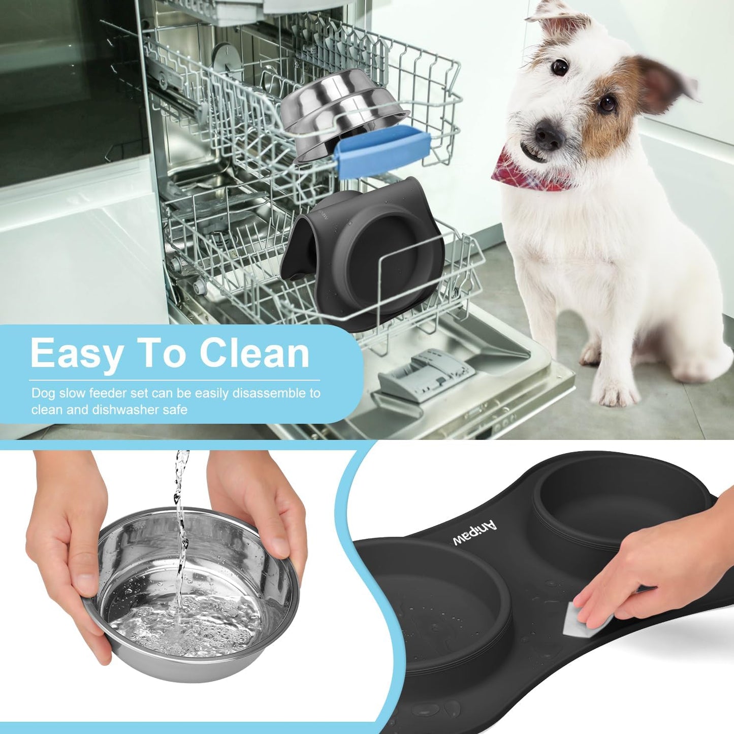 Anipaw Slow Feeder Dog Bowls 3 in 1 Stainless Steel Food and Water Bowls with Non-Spill and Skid Silicone Mat to Slow Down Eating for Large Medium Small Breed Size Dogs and Cats