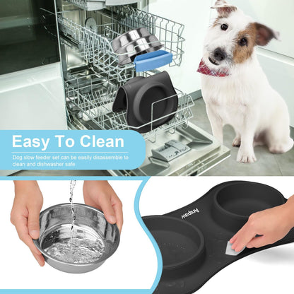 Anipaw Slow Feeder Dog Bowls 3 in 1 Stainless Steel Food and Water Bowls with Non-Spill and Skid Silicone Mat to Slow Down Eating for Large Medium Small Breed Size Dogs and Cats
