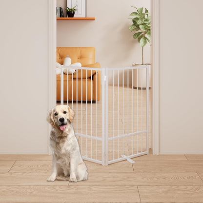 4 Panels Full Metal Freestanding Dog Gates with Door, 80” W x 32” H Folding Pet Gate Fence with Support Feet for Indoor,Stairs, Hallways and Doorways(Black)