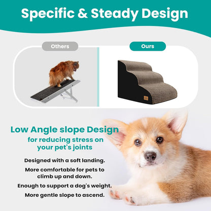 Dog Stairs for Bed 15.8'' H, 3 Step Dog Ramp for Small Dogs and Cats, Curved Dogs Steps for Sofa Couch or Chair, Portable Pet Stairs for High Bed Climbing, Non-Slip Balanced Pet Step Indoor, Brown